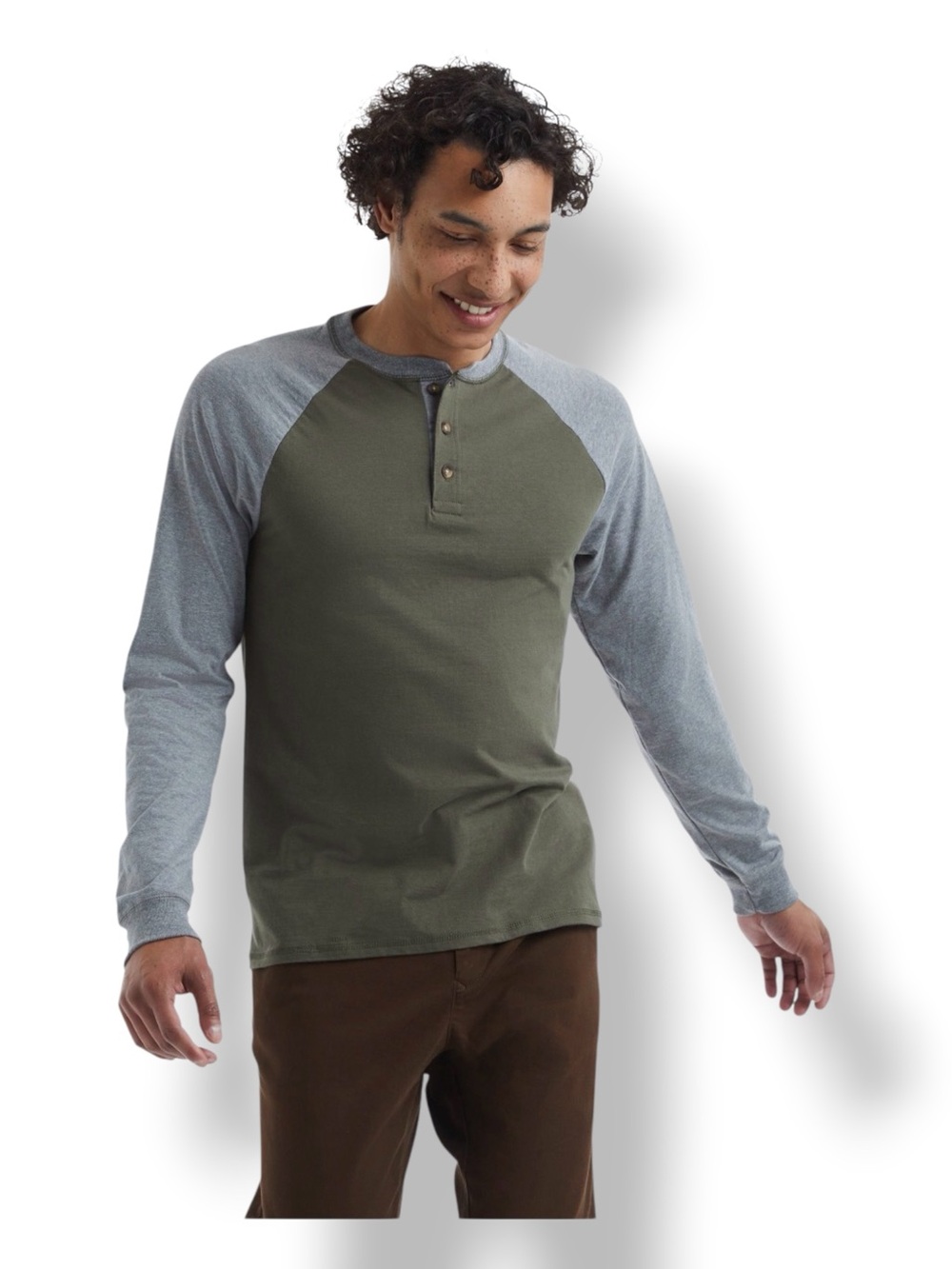 Hanes Beefy T Mens Long Sleeve Casual Henley Base Layer T-Shirt, Olive/Gray XL